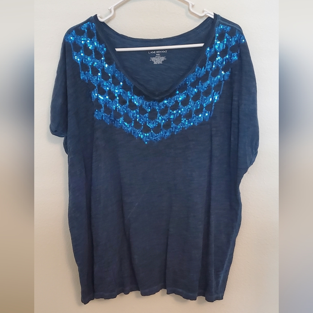 Lane Bryant Blue Sequin 100% Cotton Women's Top Size 18/20